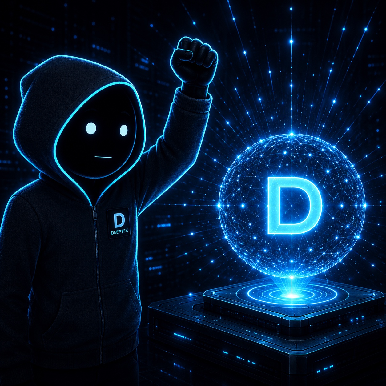 Deep raising a fist beside a glowing signal